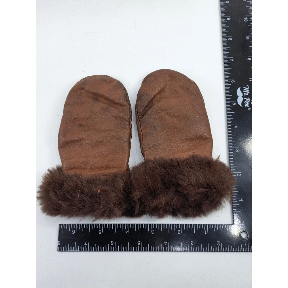 Vintage Brown Leather Mittens Rabbit Fur Trim Winter Gloves Warm Lined Child
